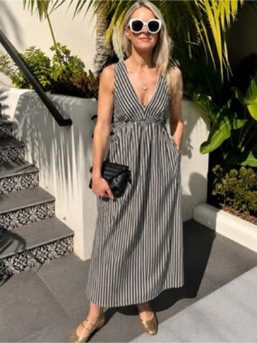 Greylin Black and White Striped V-Neck Sleeveless Maxi Dress